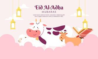 Happy Holy Eid Al Adha Mubarak Cute Banner Cartoon Doodle Illustration vector