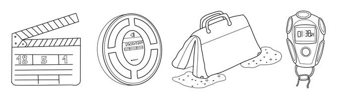 Film clapperboard, reel, sand bag and stopwatch illustrations in black and white outline. vector