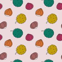 Chestnuts seamless pattern hand drawn illustration. Repeating background with abstract forest nuts, fruits chestnut for wallpaper, print, card, label, wrapping, textile, paper. Autumn food vector