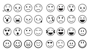 sonriente emoji icono línea colocar. emoji icono colección conteniendo contento emoción, triste, sonriente, sorprendido, enojado, relajado, confundido, reír, emocionado y vector