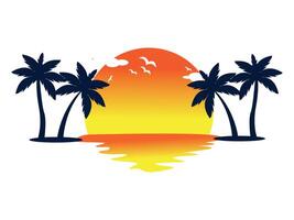 sunset palm coconut tree on beach Orange sunset logo design vector