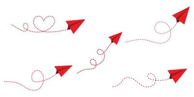 Realistic paper planes collection. Paper plane icon. Heart shaped Flying paper airplane with dotted air route and envelope. Paper planes, red planes with dotted route line. vector