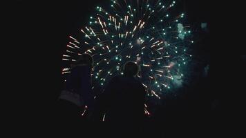 joven Pareja acecho hermosa fuegos artificiales. silueta de personas acecho explosivo y vistoso fuegos artificiales en el noche cielo. fiesta evento y celebracion. video