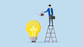 Idea development, 4k animation of businessman is watering light bulb with ladder to fill it with fluids. video