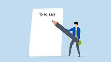 Long to do list, 4k animation of businessman carrying large pen thought to write many to do lists on long piece of paper. video