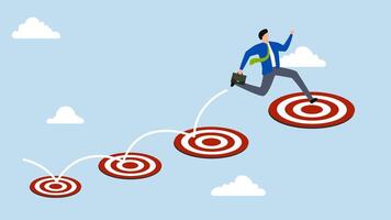 Aspiration and motivation to achieve bigger business target, 4k animation of businessman jumping on bigger and higher archery bull's eye. video