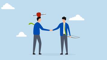 Trusted partner, 4k animation of businessmen shaking hands agreement after prepared threat risky apple shot archery show. video