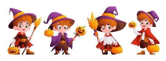 Cute boy Kids in Halloween Costumes Holding Pumpkins vector