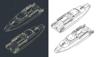 High speed patrol boat isometric blueprints vector