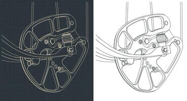 Compound bow cam close-up blueprints vector