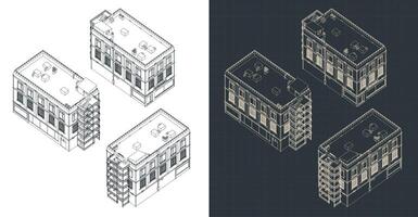 Old building isometric blueprints vector
