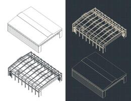 Large industrial hangar isometric blueprints vector