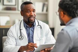 Senior male physician using a digital tablet to explain a diagnosis to a patient photo