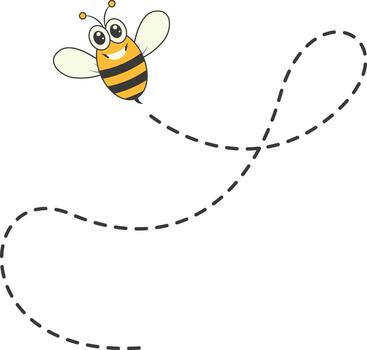 Bee Character Flying on a Dotted Path in Cartoon Design Style. Isolated on White Background vector