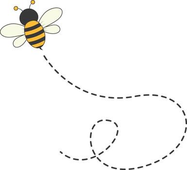 Bee Character Flying on a Dotted Path in Cartoon Design Style. Isolated on White Background vector