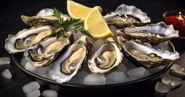 A Platter of Raw Oysters Garnished with Lemon, a Gourmet Delight of Chilled Seafood photo