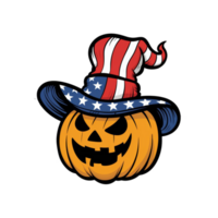 A pumpkin sports a whimsical hat styled with the American flag pattern png