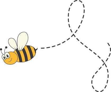 Bee Character Flying on a Dotted Path in Cartoon Design Style. Isolated on White Background vector