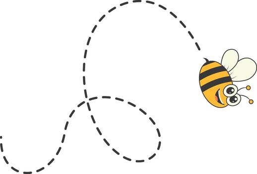 Bee Character Flying on a Dotted Path in Cartoon Design Style. Isolated on White Background vector