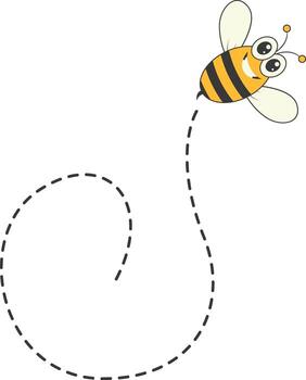 Bee Character Flying on a Dotted Path in Cartoon Design Style. Isolated on White Background vector