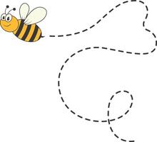 Bee Character Flying on a Dotted Path in Cartoon Design Style. Isolated on White Background vector