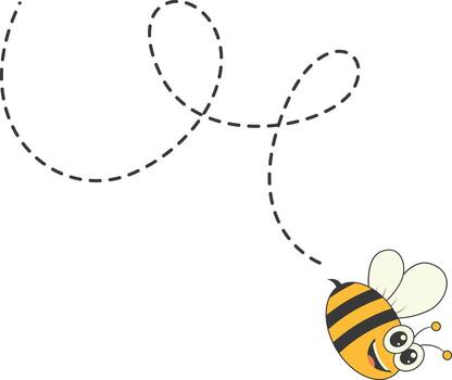 Bee Character Flying on a Dotted Path in Cartoon Design Style. Isolated on White Background vector