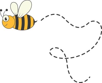Bee Character Flying on a Dotted Path in Cartoon Design Style. Isolated on White Background vector