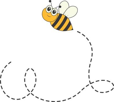 Bee Character Flying on a Dotted Path in Cartoon Design Style. Isolated on White Background vector