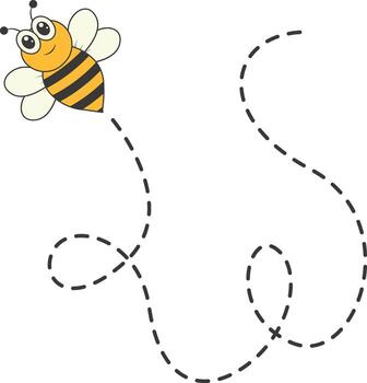 Bee Character Flying on a Dotted Path in Cartoon Design Style. Isolated on White Background vector