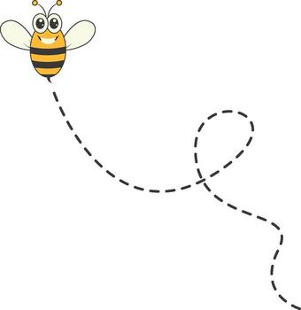 Bee Character Flying on a Dotted Path in Cartoon Design Style. Isolated on White Background vector