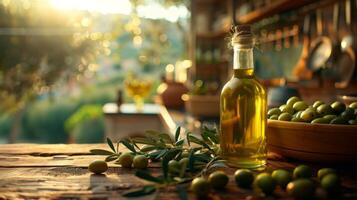 Rich hues of olive oil and green olives invite a Mediterranean taste. photo