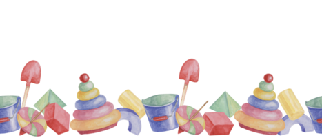 jouets sans couture frontière, anneaux pyramide avec filage haut, seau et pelle ruban clipart. aquarelle jouer objets fond d'écran pour garderie décor, tissu, bébé douche, fille bambin chambre, cartes png