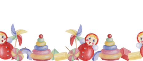 Toys seamless border, doll with pinwheel, colorful blocks and stacking ring tower ribbon clipart. Watercolor play objects wallpaper for nursery decor, fabric, baby shower, girl toddler room, cards png