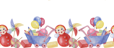 Toys seamless border, doll with pinwheel, humming top, balloons, blue cart and pencils ribbon clipart. Watercolor play objects wallpaper for nursery decor, fabric, baby shower, girl toddler room, cards png