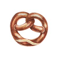 Pretzel watercolor illustration. Brown soft traditional German breakfast snack, Oktoberfest symbol clipart. Typical baked appetizer for menu, flyers, sticker, advertisement, artisan bakery png