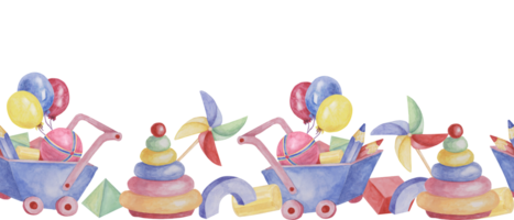 Toys seamless border, doll with pinwheel, humming top, balloons, blue cart and pencils ribbon clipart. Watercolor play objects wallpaper for nursery decor, fabric, baby shower, girl toddler room, cards png