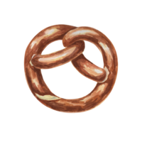 Pretzel watercolor illustration. Brown soft traditional German breakfast snack, Oktoberfest symbol clipart. Typical baked appetizer for menu, flyers, sticker, advertisement, artisan bakery png