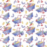 Baby seamless pattern with wheelbarrow, bucket, shovel, stack rings, pinwheel in watercolor. Retro toy ornament Hand drawn textile print for kids, children's wallpaper, wrapping, present, scrapbooking png