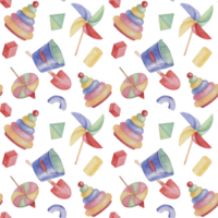 Baby seamless pattern with ring tower, toys, pencils, bucket and shovel in watercolor. Retro toys ornament Hand drawn textile print for kids, children's wallpaper, wrapping, packaging, scrapbooking png