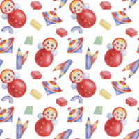 Baby seamless pattern with roly-poly doll, pencils, humming top in watercolor. Retro nursery toy ornament Hand drawn textile print for kids room, children's wallpaper, wrapping, present, scrapbooking png