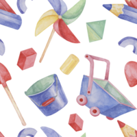 Baby seamless pattern with wheelbarrows, toys, pencils, bucket and shovel in watercolor. Retro toys ornament Hand drawn textile print for kids, children's wallpaper, wrapping, packaging, scrapbooking png