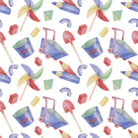 Baby seamless pattern with wheelbarrows, toys, pencils, bucket and shovel in watercolor. Retro toys ornament Hand drawn textile print for kids, children's wallpaper, wrapping, packaging, scrapbooking png