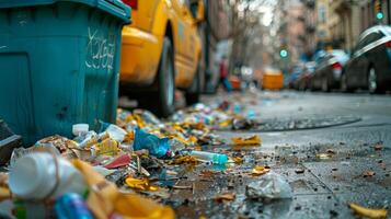 Ground level shot of waste cleanup in progress on city sidewalk. photo