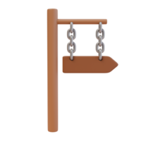 3d render illustration of signpost with arrow on a metal chain. Wooden signboard. Direction pointer, divarication guidepost. Isolated object png