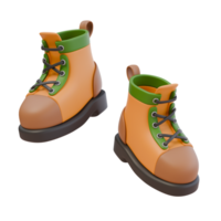 3d render illustration of hiking boots. Clothes shoes for camping, adventure. Forest mountain travel. Protective clothing. Isolated object png