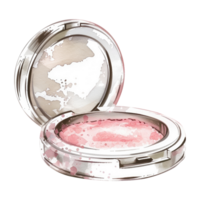 Watercolor Illustration of Blush Compact with Pink Makeup and Splashes for Beauty and Cosmetic Design png