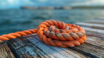 Coiled orange rope on rustic wood planks near ocean. photo