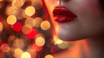 Focus on the lip color with a bokeh effect in the background to emphasize the lights. photo