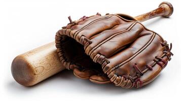 Baseball glove with ball and bat isolated on white with soft shadows. photo