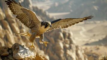 halcón peregrino halcón lanzamiento desde un perca en un escabroso paisaje. foto